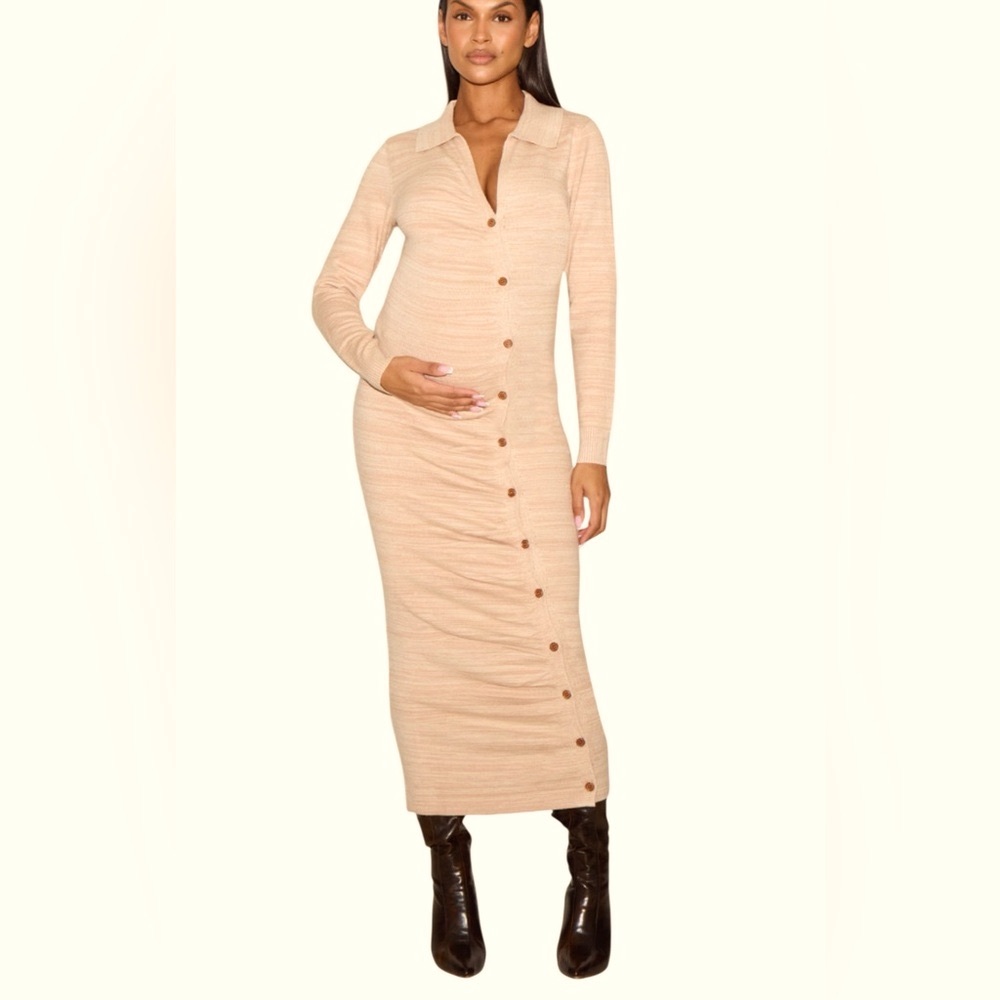 NWT Maternity Size L Stone Knitted Asymmetric Buttons Ruched Bump Midi Dress